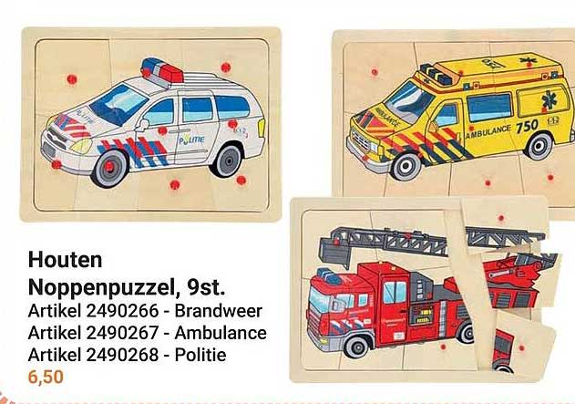 Houten Noppenpuzzel, 9st. Artikel 2490266 - Brandweer Artikel 2490267 - Ambulance Artikel 2490268 - Politie