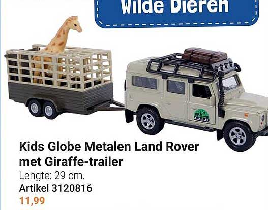 Kids Globe Metalen Land Rover met Giraffe-trailer
