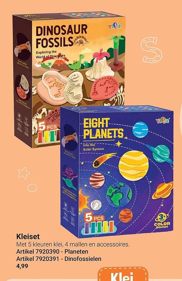 Kleiset Met 5 kleuren klei, 4 mallen en accessoires. Artikel 7920390 - Planeten Artikel 7920391 - Dinofossielen