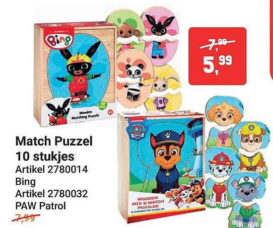 Match Puzzel 10 stukjes Artikel 2780014 Bing Artikel 2780032 PAW Patrol