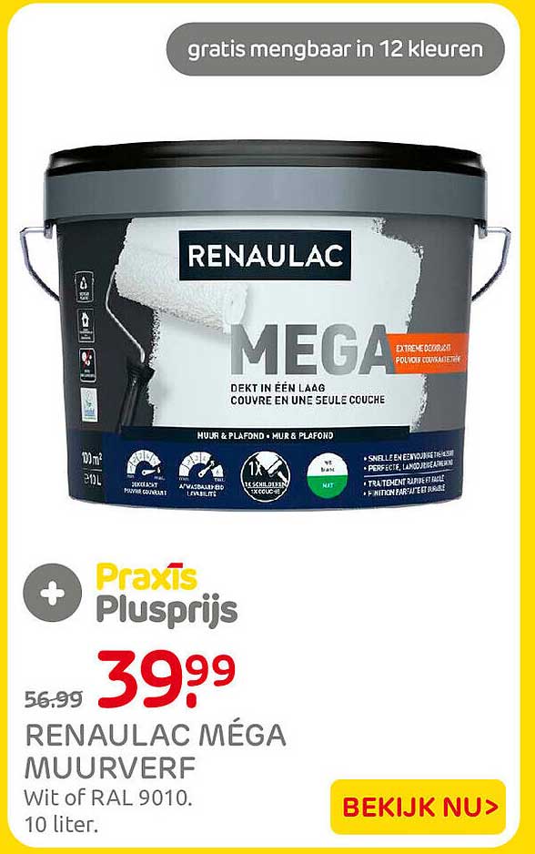 RENAULAC MÉGA MUURVERF Wit of RAL 9010. 10 liter.