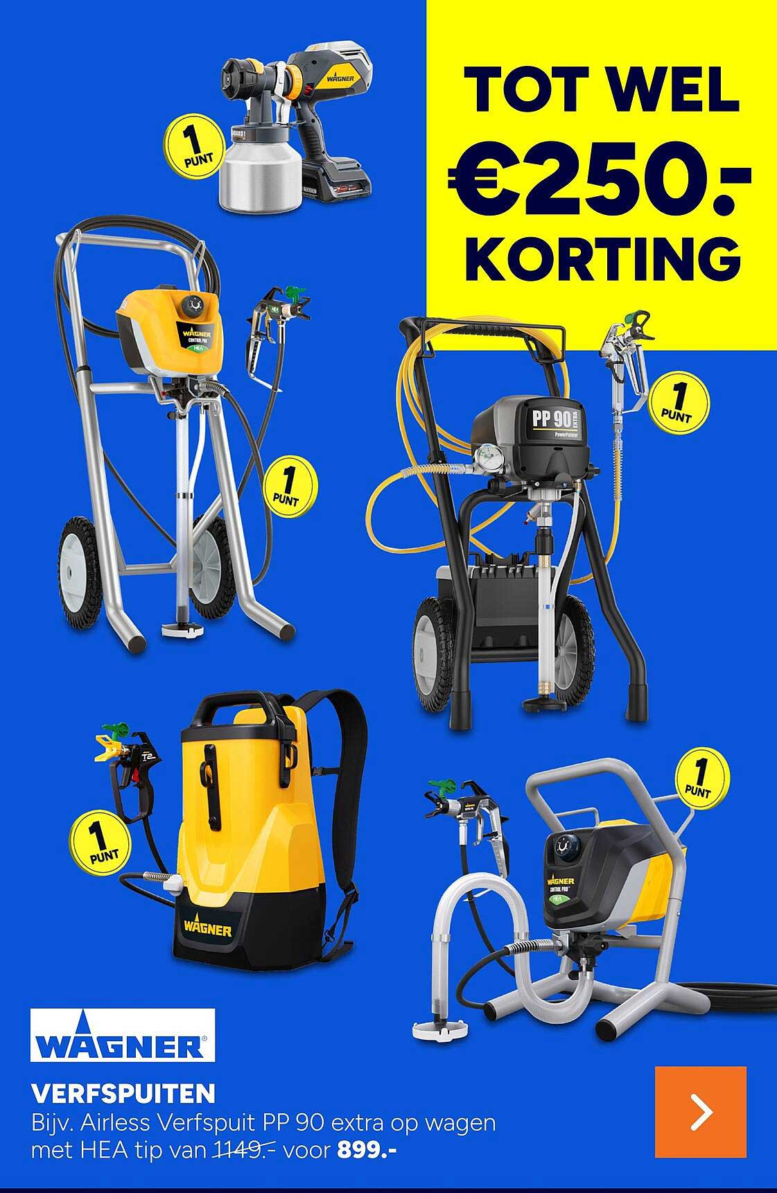 WAGNER VERFSPUITEN Bijv. Airless Verfspuit PP 90 extra op wagen met HEA tip van 1149.- voor 899.- TOT WEL €250.- KORTING