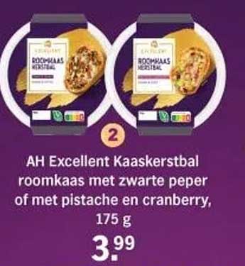 AH Excellent Kaaskerstbal roomkaas met zwarte peper of met pistache en cranberry, 175 g