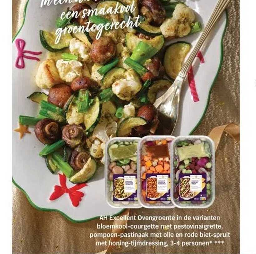 AH Excellent Ovengroente in de varianten bloemkool-courgette met pestovinaigrette, pompoen-pastinaak met olie en rode biet-spruit met honing-tijmdressing, 3-4 personen