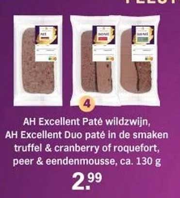AH Excellent Paté wildzwijn, AH Excellent Duo paté in de smaken truffel & cranberry of roquefort, peer & eendenmousse, ca. 130 g