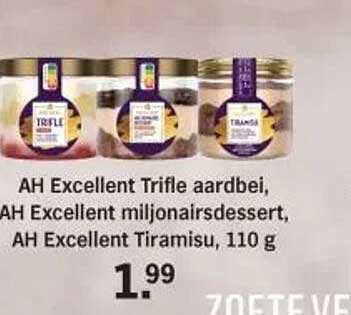 AH Excellent Trifle aardbei, AH Excellent miljonairsdessert, AH Excellent Tiramisu, 110 g