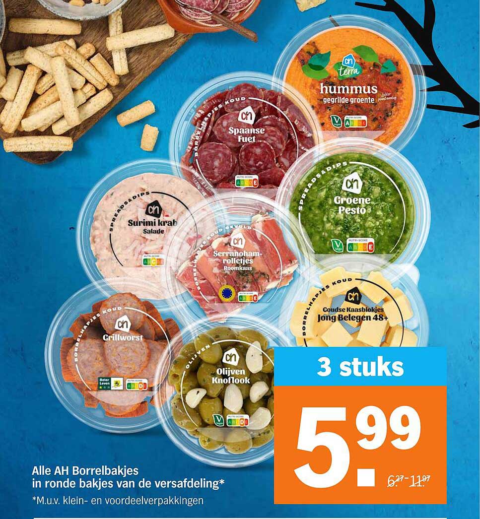 Alle AH Borrelbakjes in ronde bakjes van de variëteiten*