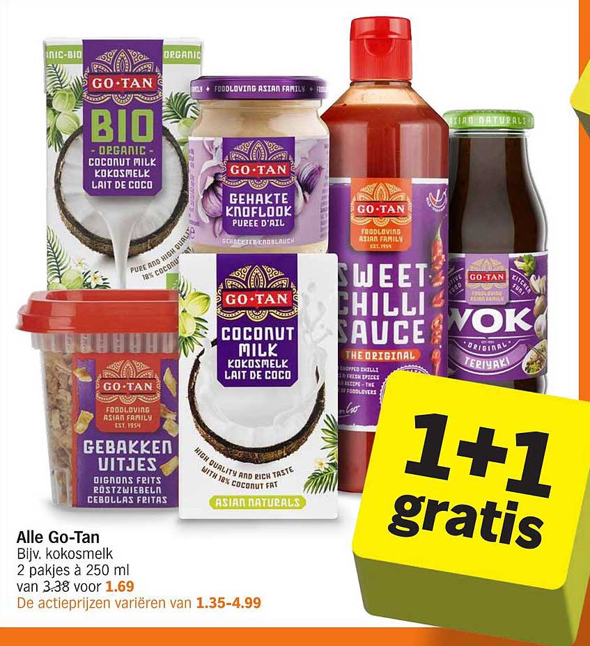 Alle Go-Tan Bijv. kokosmelk 2 pakjes à 250 ml van 3.38 voor 1.69