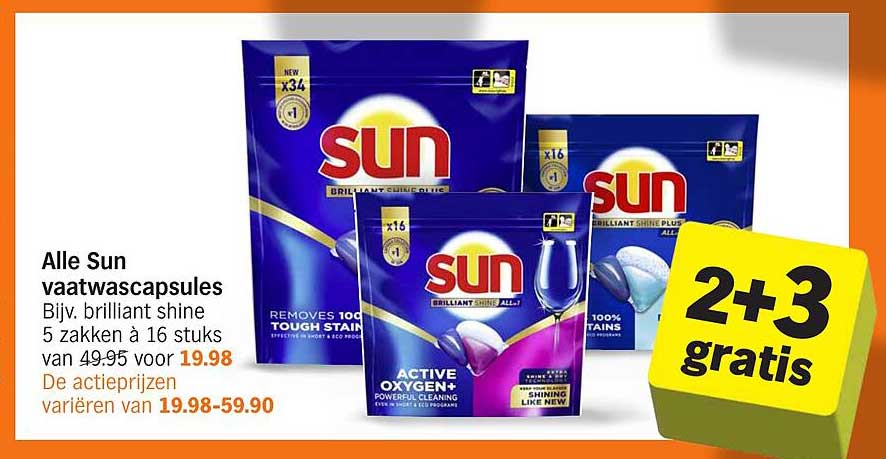 Alle Sun vaatwascapsules Bijv. brilliant shine 5 zakken à 16 stuks van 49.95 voor 19.98