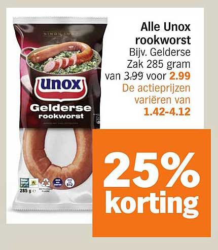 Alle Unox rookworst Bijv. Gelderse Zak 285 gram van 3.99 voor 2.99