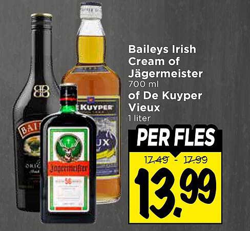 Baileys Irish Cream of Jägermeister 700 ml of De Kuyper Vieux 1 liter