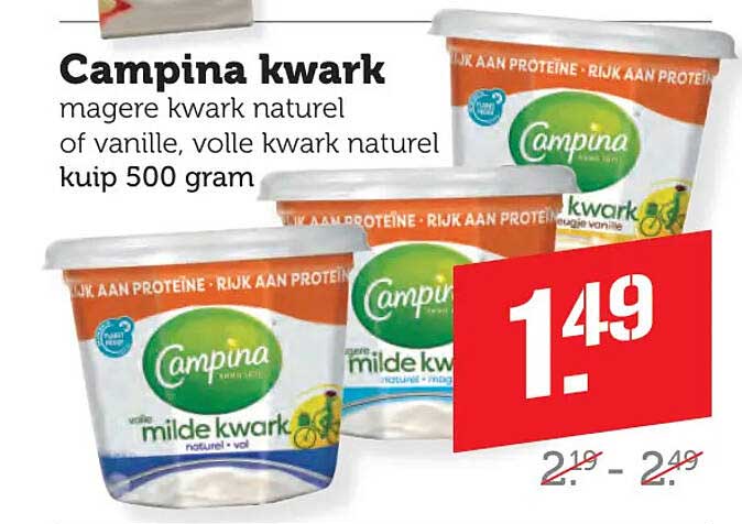 Campina kwark magere kwark naturel of vanille, volle kwark naturel kuip 500 gram