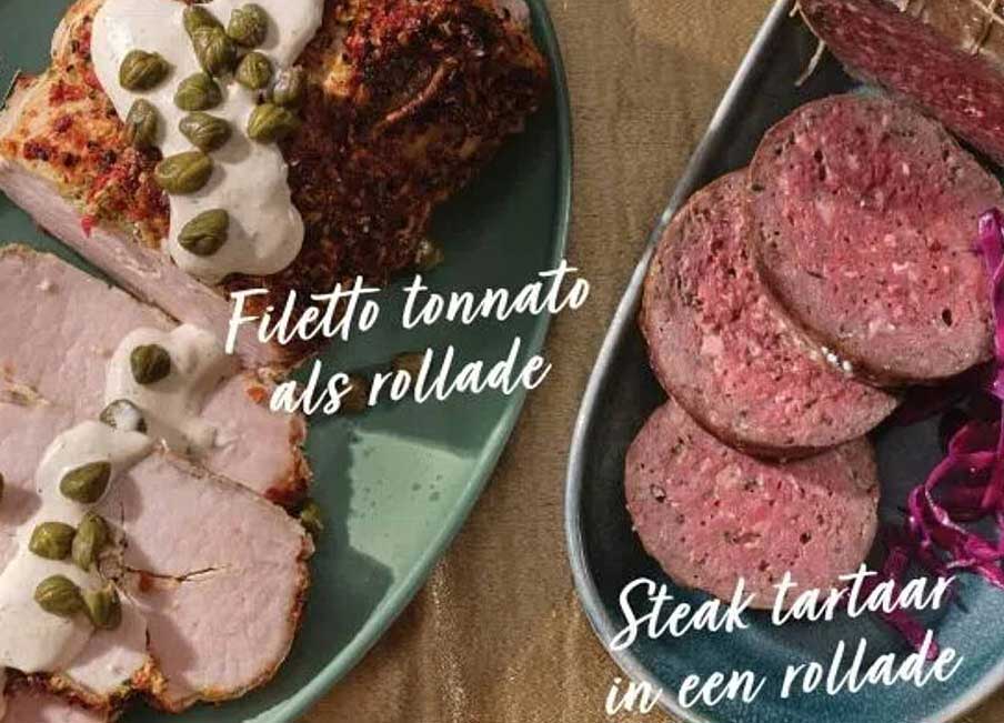 Filetto tonnato als rollade, Steak tartaar in een rollade
