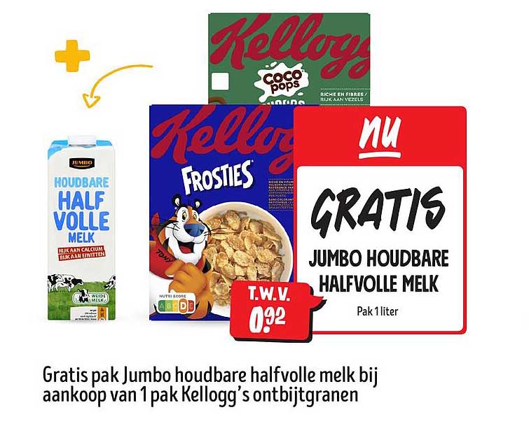 Gratis pak Jumbo houdbare halfvolle melk bij aankoop van 1 pak Kellogg’s ontbijtgranen