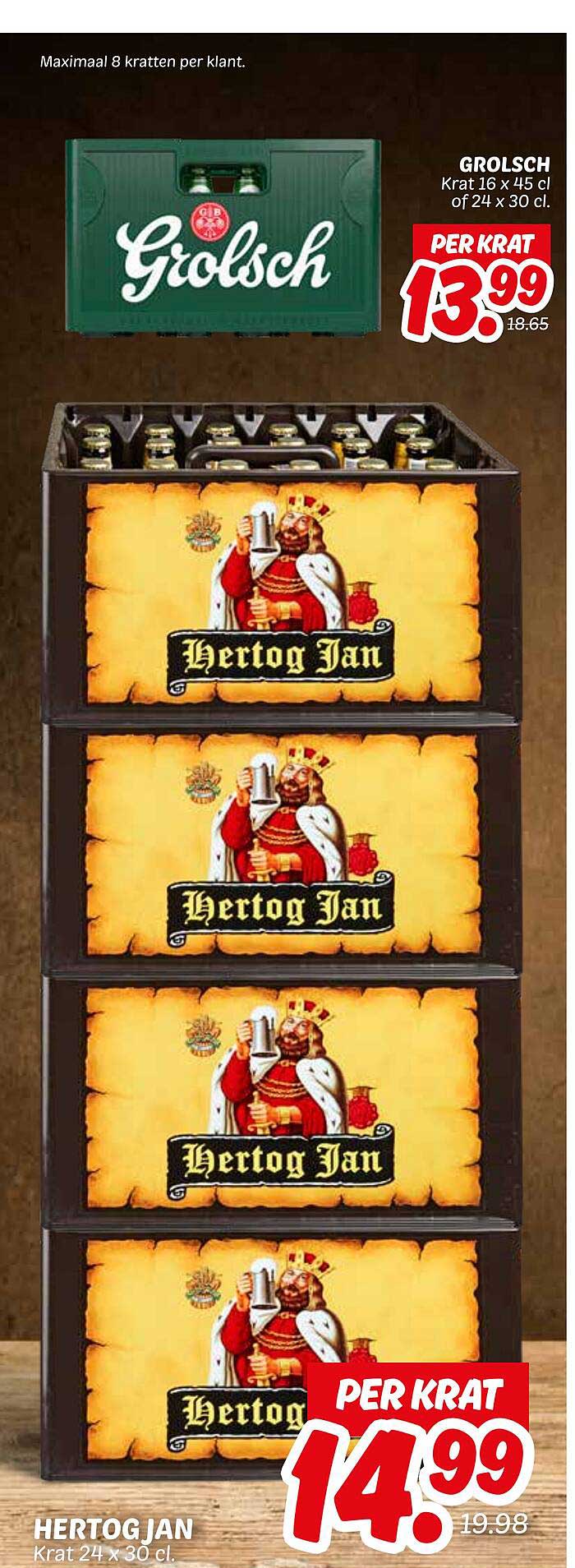 GROLSCH Krat 16 x 45 cl of 24 x 30 cl voor €13,99 en HERTOG JAN Krat 24 x 30 cl voor €14,99