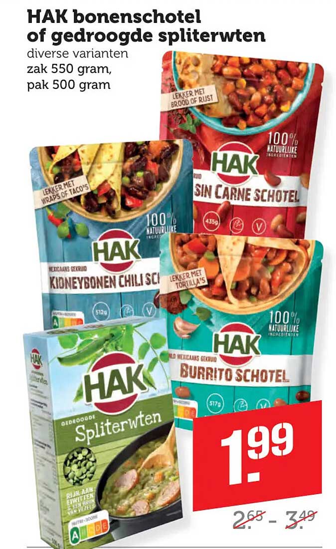 HAK bonenschotel of gedroogde spliterwten diverse varianten zak 550 gram, pak 500 gram
