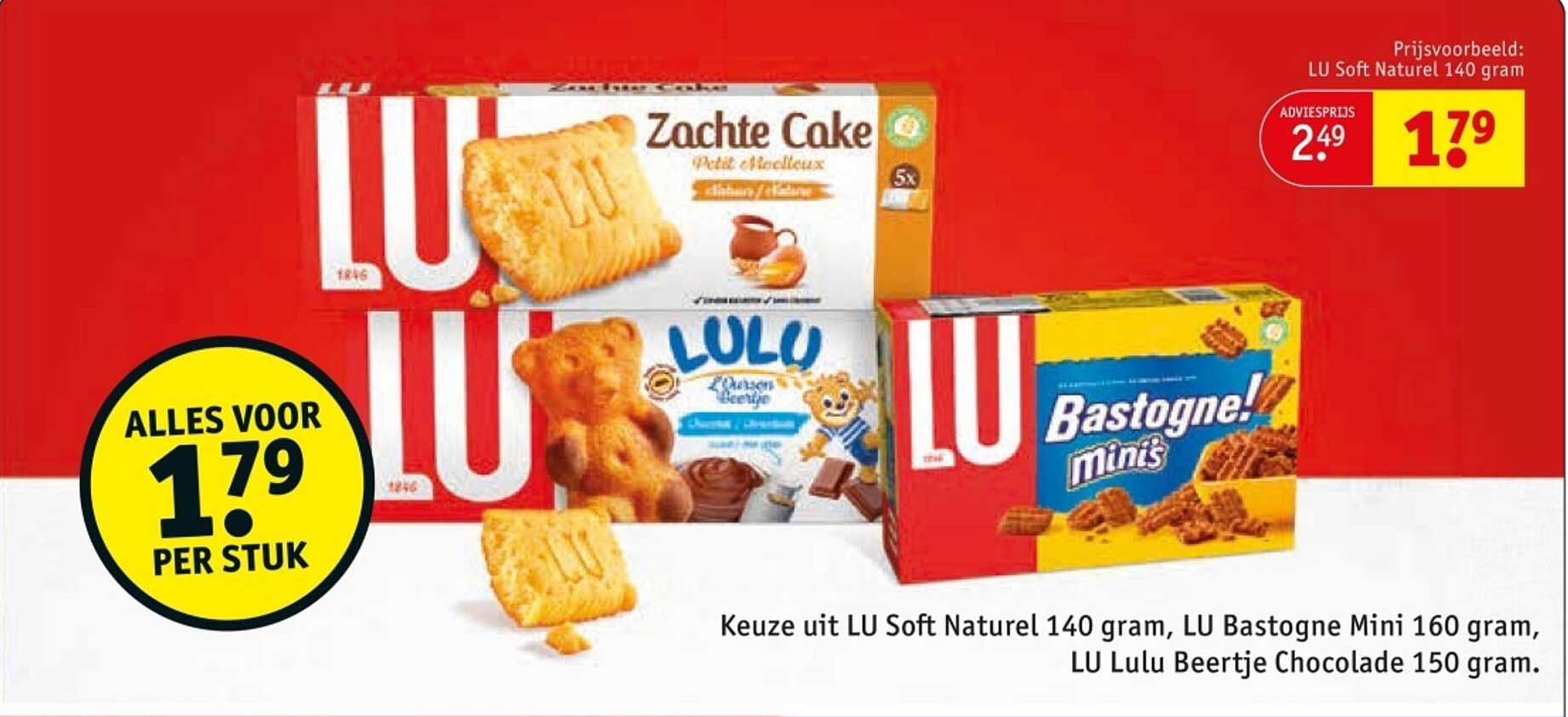 Kies uit LU Soft Natuurl 140 gram, LU Bastogne Mini 160 gram, LU Lulu Beertje Chocolade 150 gram.