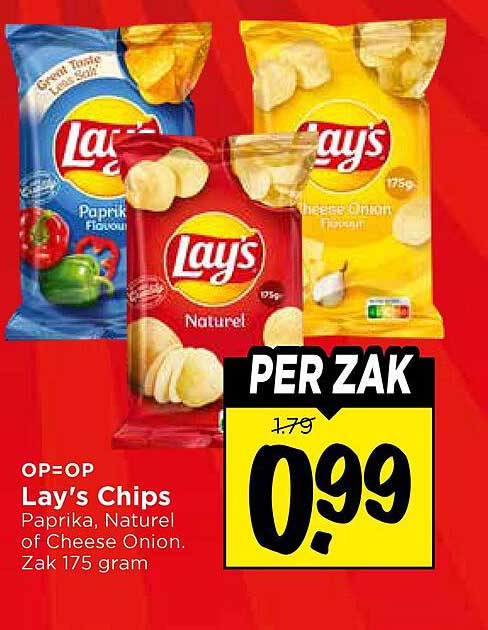 Lay's Chips Paprika, Natuur of Cheese Onion. Zak 175 gram