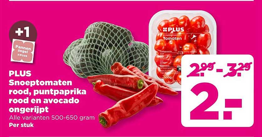 PLUS Snoeptomaten rood, puntpaprika rood en avocado afzonderlijk