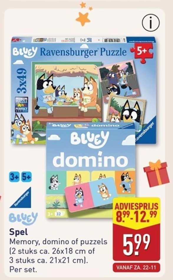 Spel Memory, domino of puzzels (2 stuks ca. 26x18 cm of 3 stuks ca. 21x21 cm). Per set.