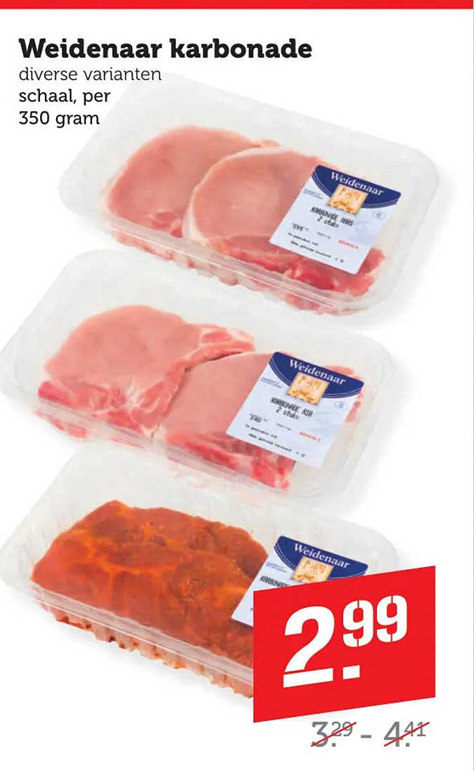 Weidenaar karbonade diverse varianten schaal, per 350 gram