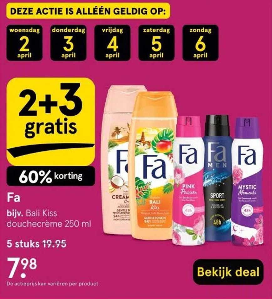 Fa bijv. Bali Kiss douchecrème 250 ml - 2+3 gratis