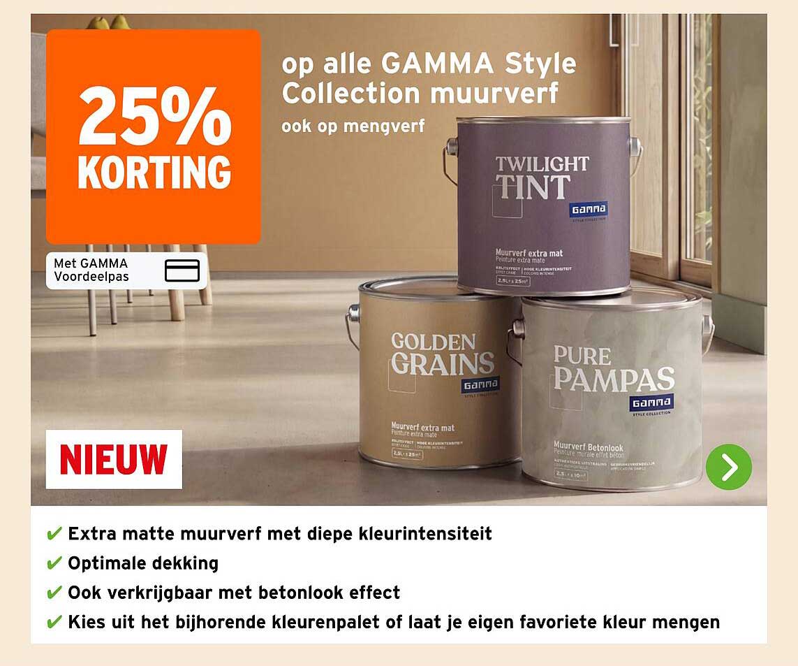 25% korting op alle GAMMA Style Collection muurverf ook op mengverf