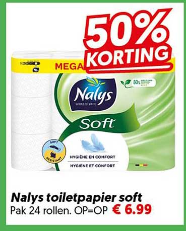 50% KORTING Nalys toiletpapier soft Pak 24 rollen. OP=OP