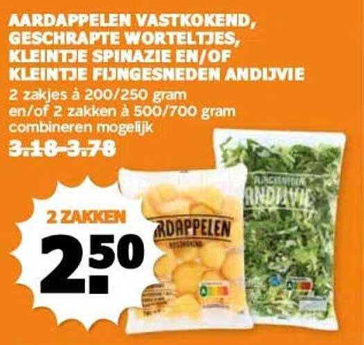 Aardappelen vastkokend, geshapte worteltjes, kleintje spinazie en/of kleintje fijngesneden andijvie 2 zakken