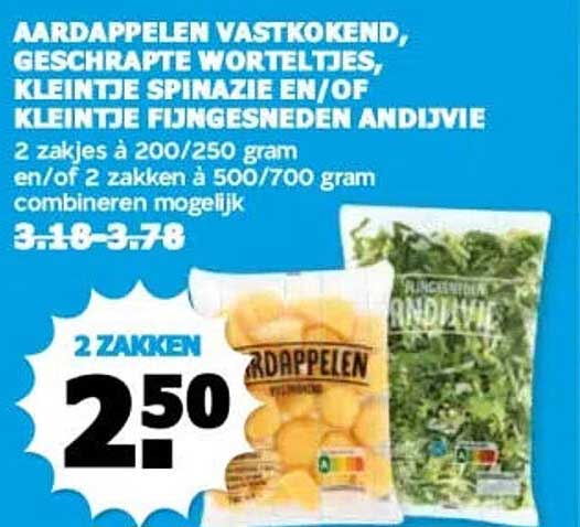 Aardappelen vastkokend, gesrapte worteltjes, kleintje spinazie en/of kleintje fijngesneden andijvie