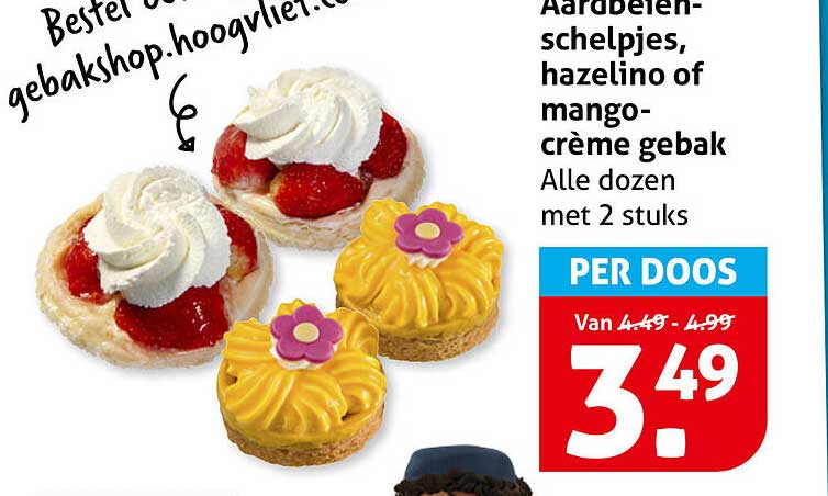 Aardbeien-schelpjes, hazelno of mango-crème gebak