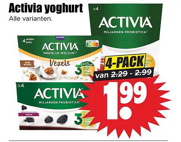 Activia yoghurt Alle varianten. 4-PACK van 2.29 - 2.99