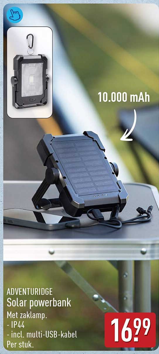 ADVENTURIDGE Solar powerbank Met zaklamp. - IP44 - incl. multi-USB-kabel Per stuk.
