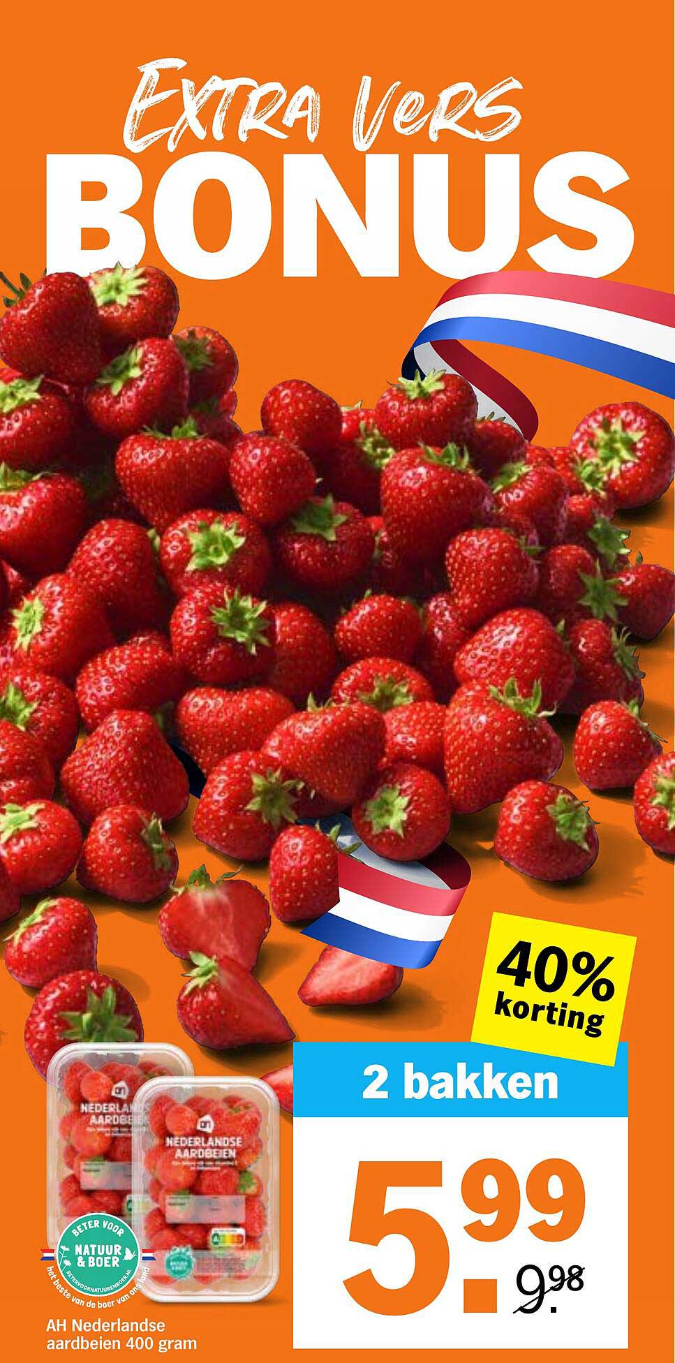 AH Nederlandse aardbeien 400 gram 40% korting 2 bakken