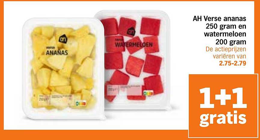 AH Verse ananas 250 gram en watermeloen 200 gram 1+1 gratis