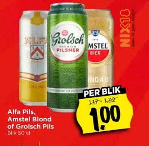 Alfa Pils, Amstel Blond of Grolsch Pils Blik 50 cl PER BLIK