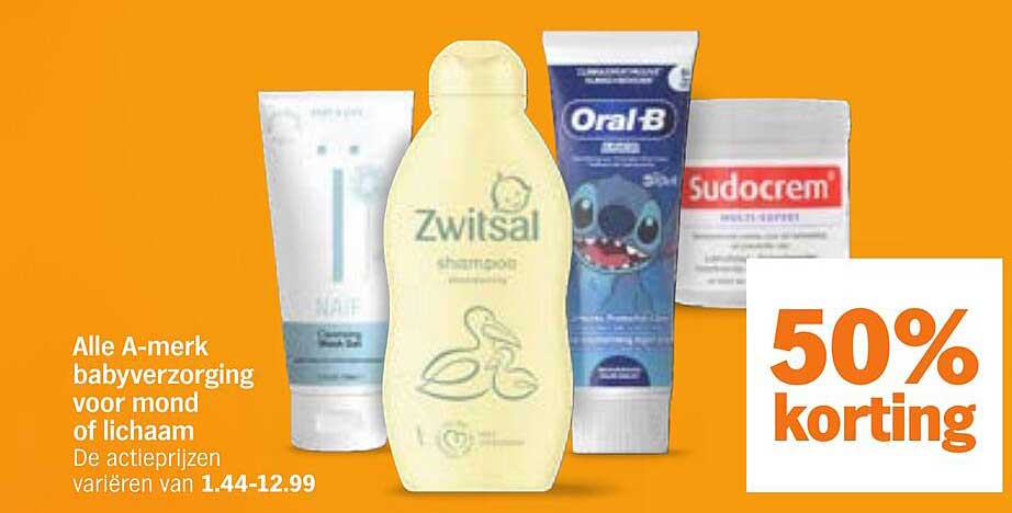 Alle A-merk babyverzorging voor mond of lichaam 50% korting