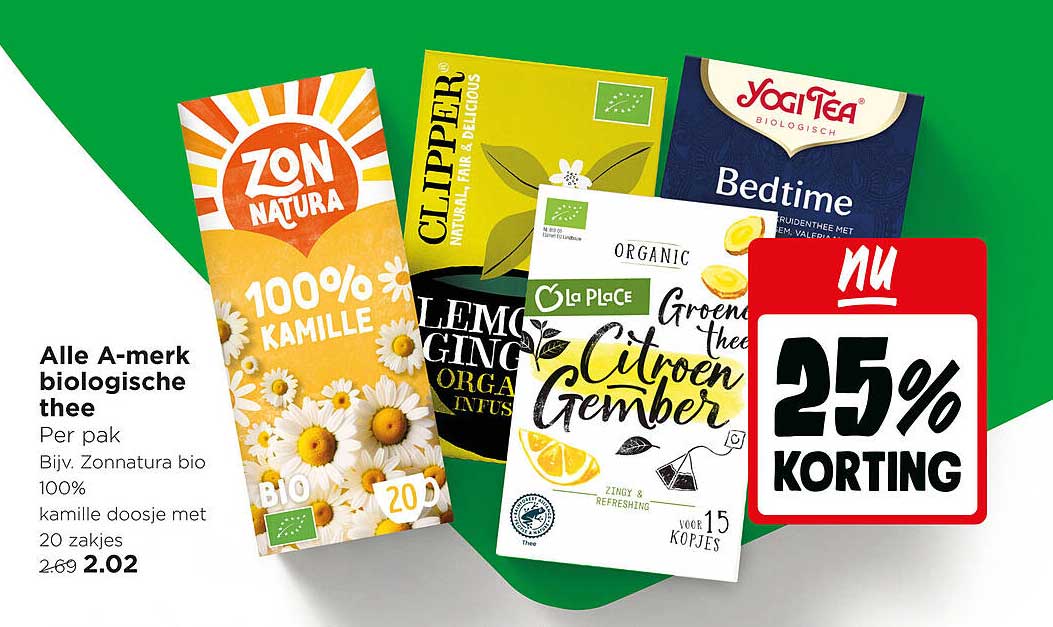 Alle A-merk biologische thee 25% korting