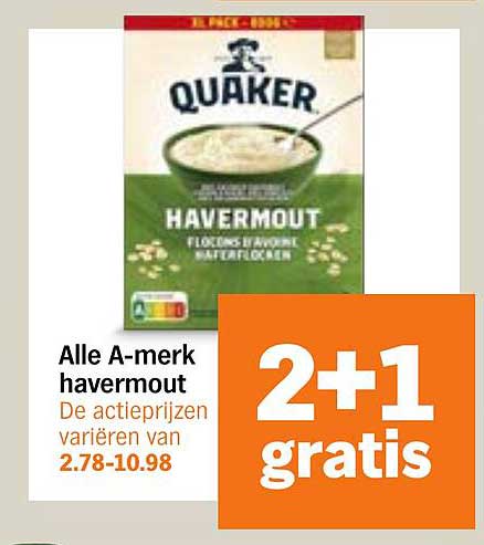Alle A-merk havermout 2+1 gratis