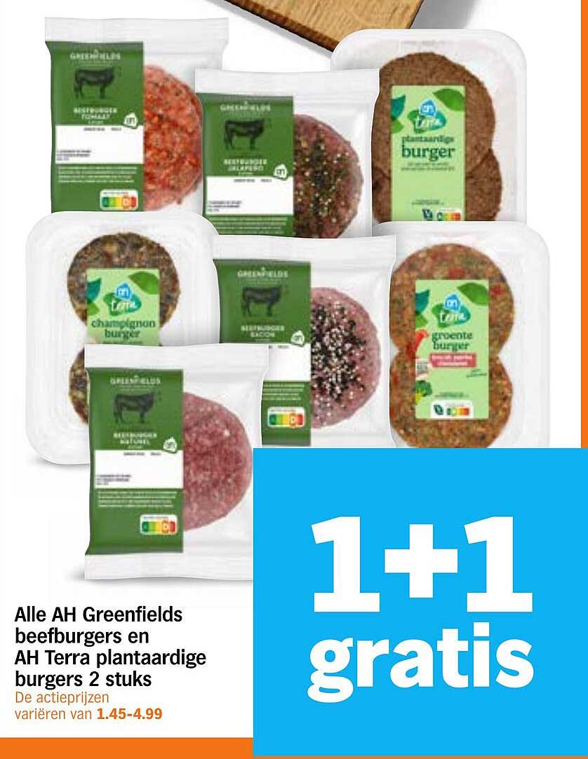 Alle AH Greenfields beefburgers en AH Terra plantaardige burgers 2 stuks 1+1 gratis