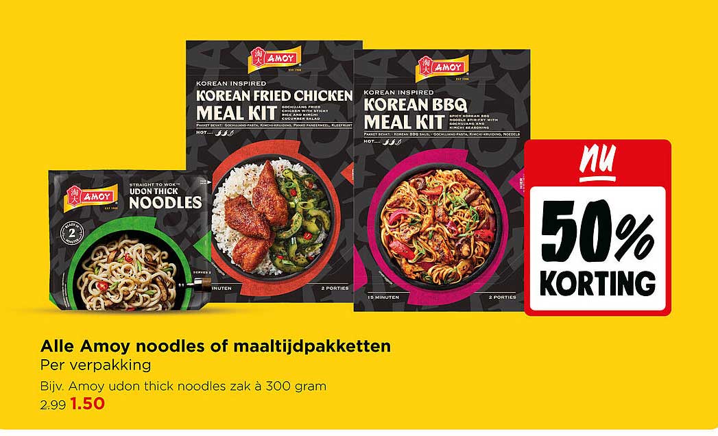 Alle Amoy noodles of maaltijdpakketten 50% korting