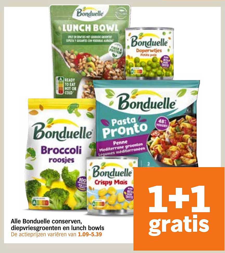 Alle Bonduelle conserven, diepviesgroenten en lunch bowls 1+1 gratis