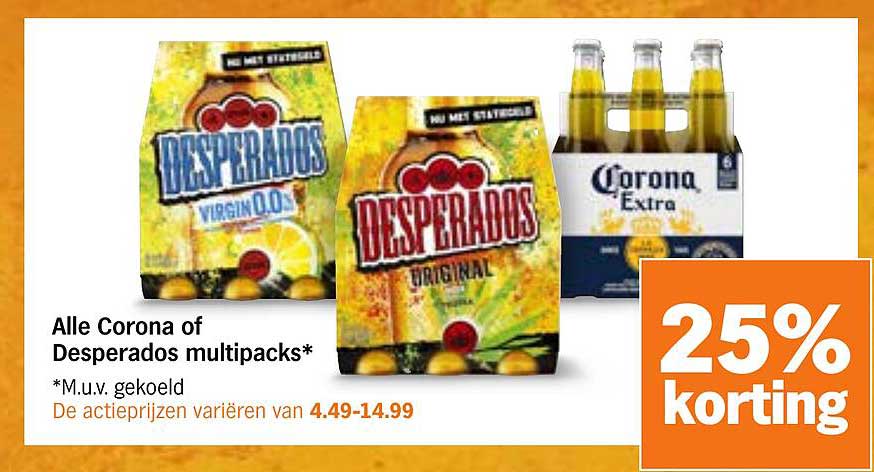 Alle Corona of Desperados multipacks* 25% korting