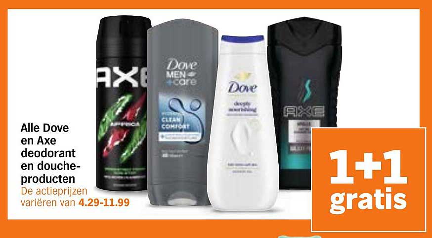 Alle Dove en Axe deodorant en doucheproducten 1+1 gratis