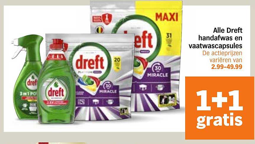 Alle Dreft handafwas en vaatwascapsules 1+1 gratis