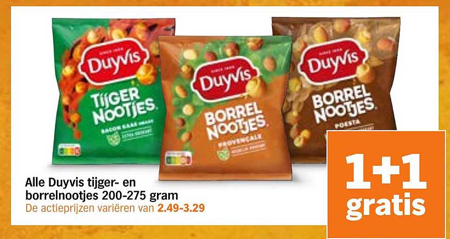Alle Duyvis tijger- en borrelnootjes 200-275 gram 1+1 gratis