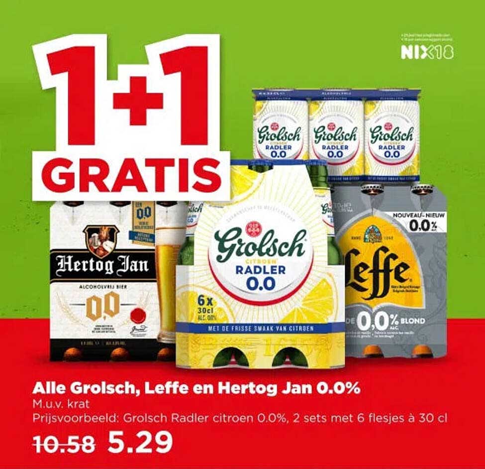 Alle Grolsch, Leffe en Hertog Jan 0.0% 1+1 gratis