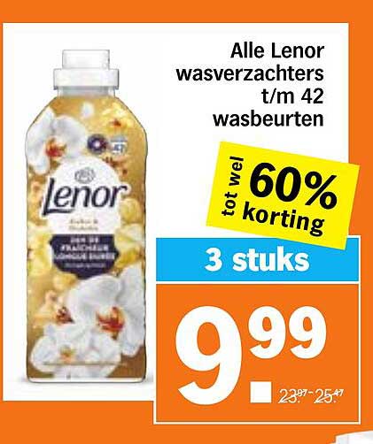 Alle Lenor wasverzachters t/m 42 wasbeurten tot wel 60% korting 3 stuks