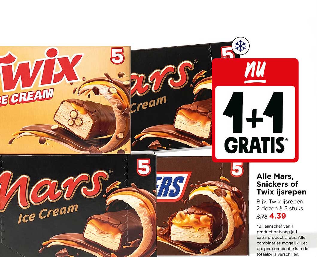 Alle Mars, Snickers of Twix ijsrepen 1+1 GRATIS*