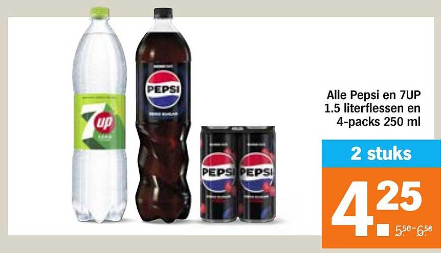 Alle Pepsi en 7UP 1.5 literflessen en 4-packs 250 ml 2 stuks